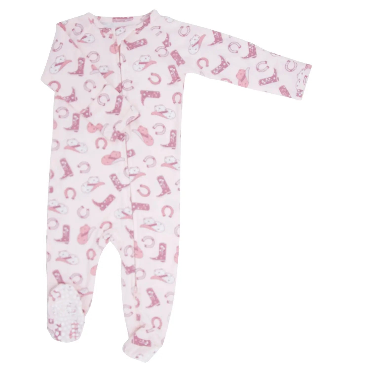Pink Western Boots Zipper Footie with Silicone Grips and Fold Over Cuffs Sweet Bamboo
