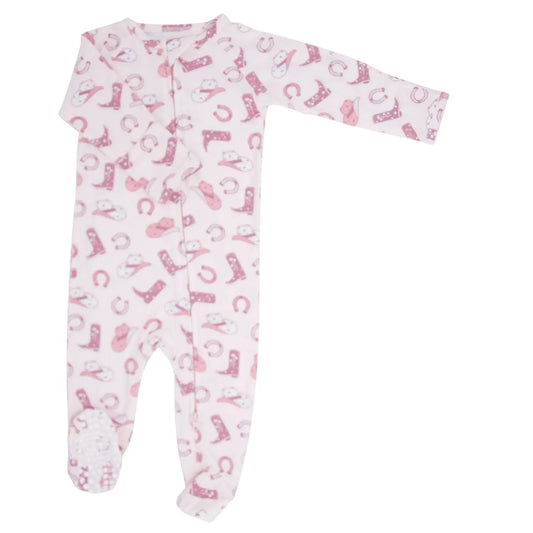 Pink Western Boots Zipper Footie with Silicone Grips and Fold Over Cuffs Sweet Bamboo