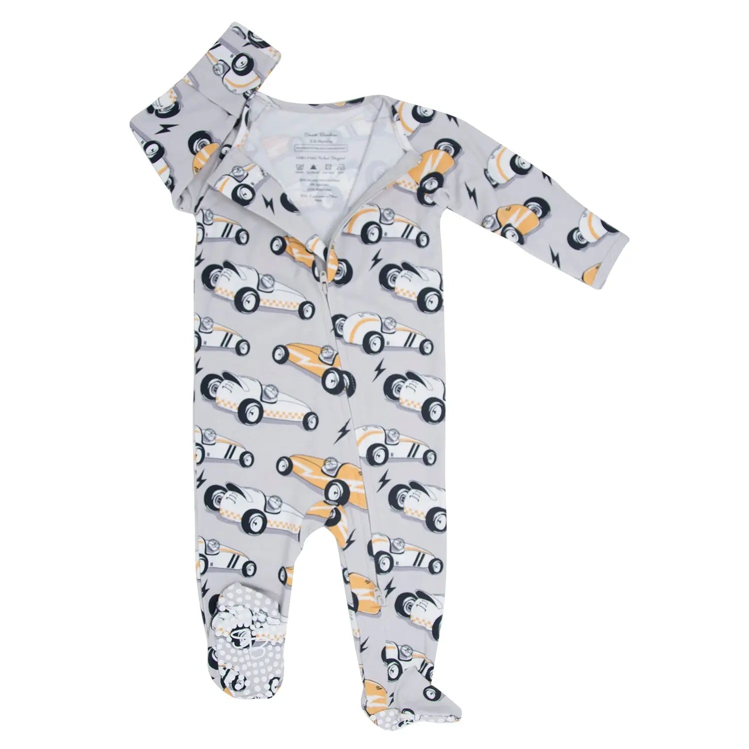 Vintage Racecars Baby Zipper Footie with Silicone Grips and Fold-Over Cuffs Sweet Bamboo