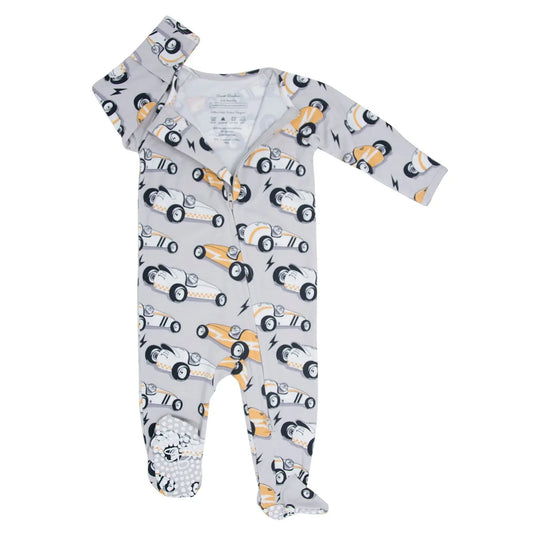 Vintage Racecars Baby Zipper Footie with Silicone Grips and Fold-Over Cuffs Sweet Bamboo