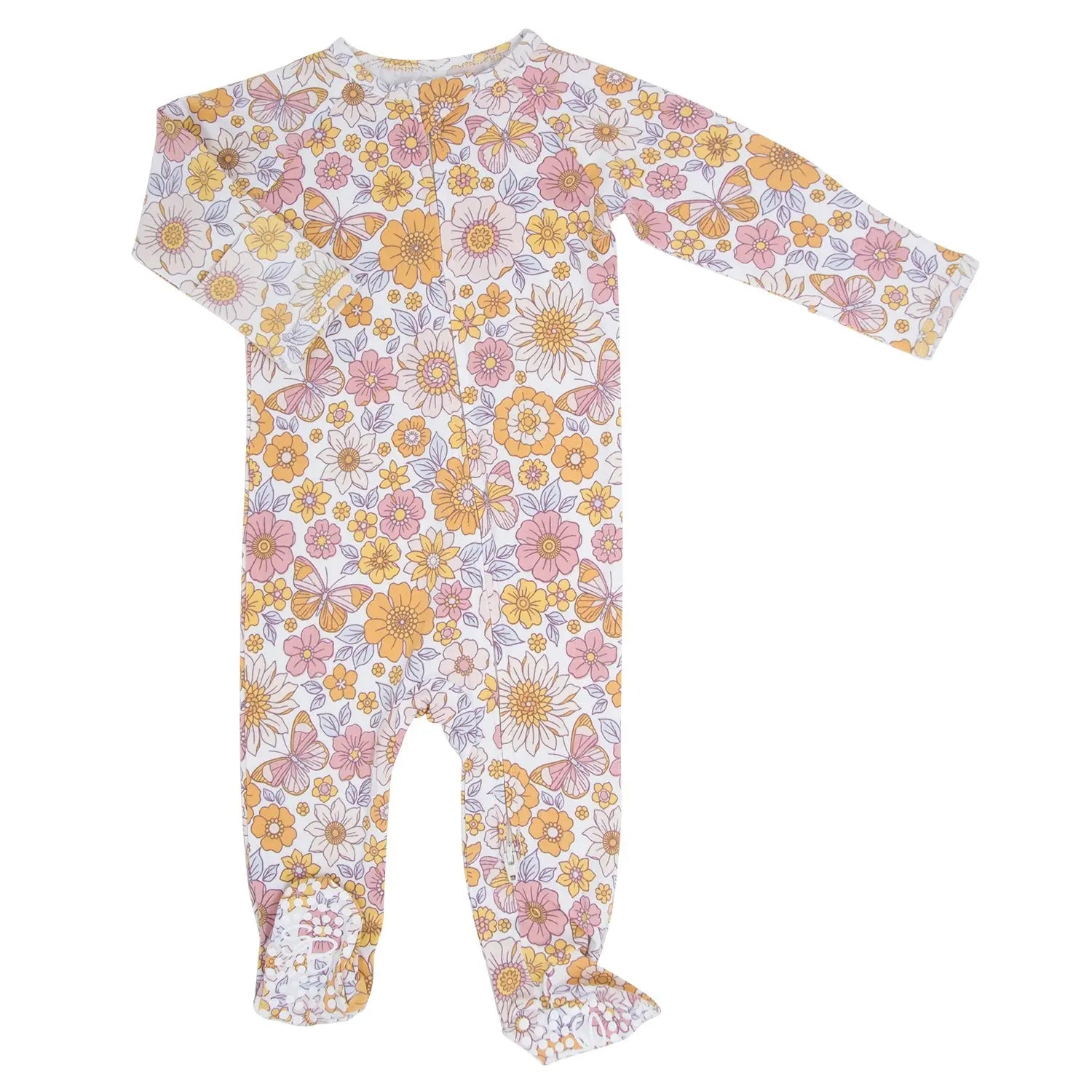 Retro Vintage Flowers Zipper Footie for Babies with Two Way Zip and Silicone Grips Sweet Bamboo