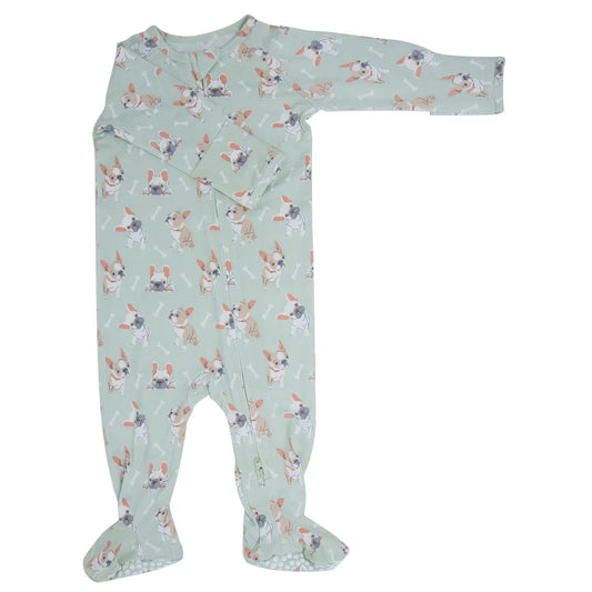 Mint Frenchie Puppy Zipper Footie for Babies with Silicone Grips and Fold Over Cuffs Sweet Bamboo