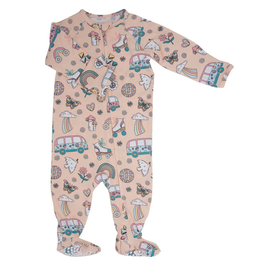 Retro Roller Skates Zipper Footie for Babies with Two Way Zip and Fold Over Cuffs Sweet Bamboo