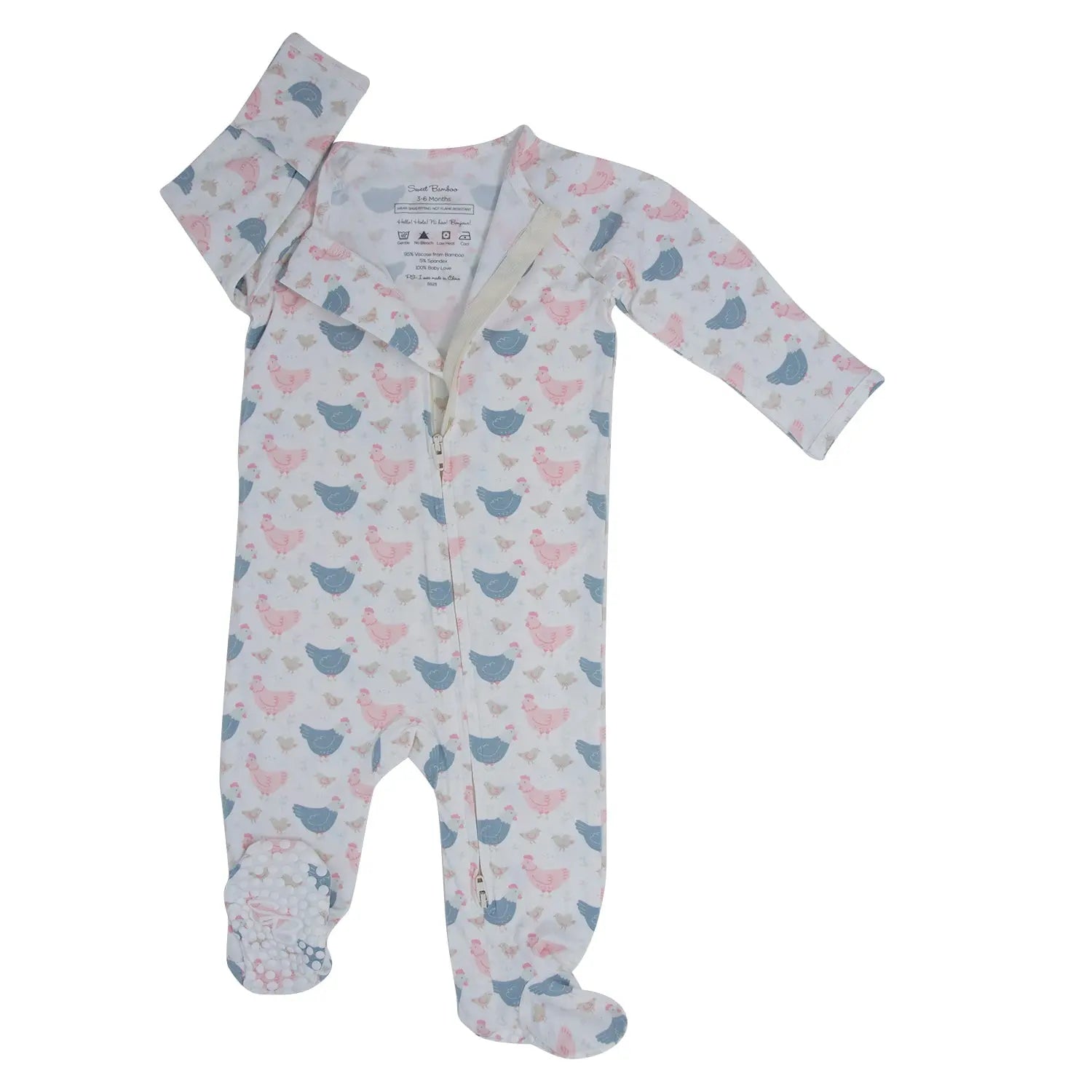 Pink Farm Hens Bamboo Zipper Footie for Babies with Two Way Zip and Fold Over Cuffs Sweet Bamboo