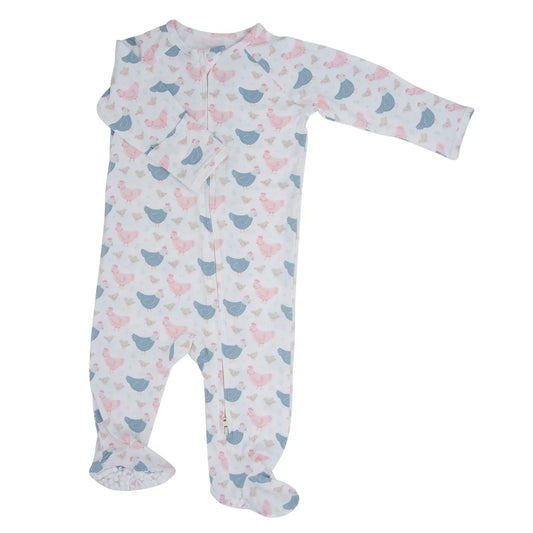 Pink Farm Hens Bamboo Zipper Footie for Babies with Two Way Zip and Fold Over Cuffs Sweet Bamboo