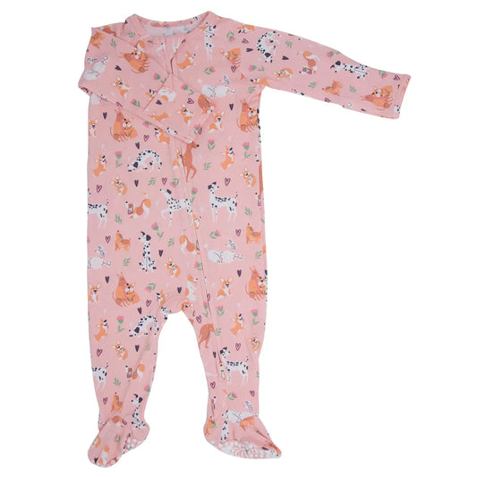 Dalmatian Poodle Puppy Zipper Footie for Babies with Silicone Grips and Fold Over Cuffs Sweet Bamboo
