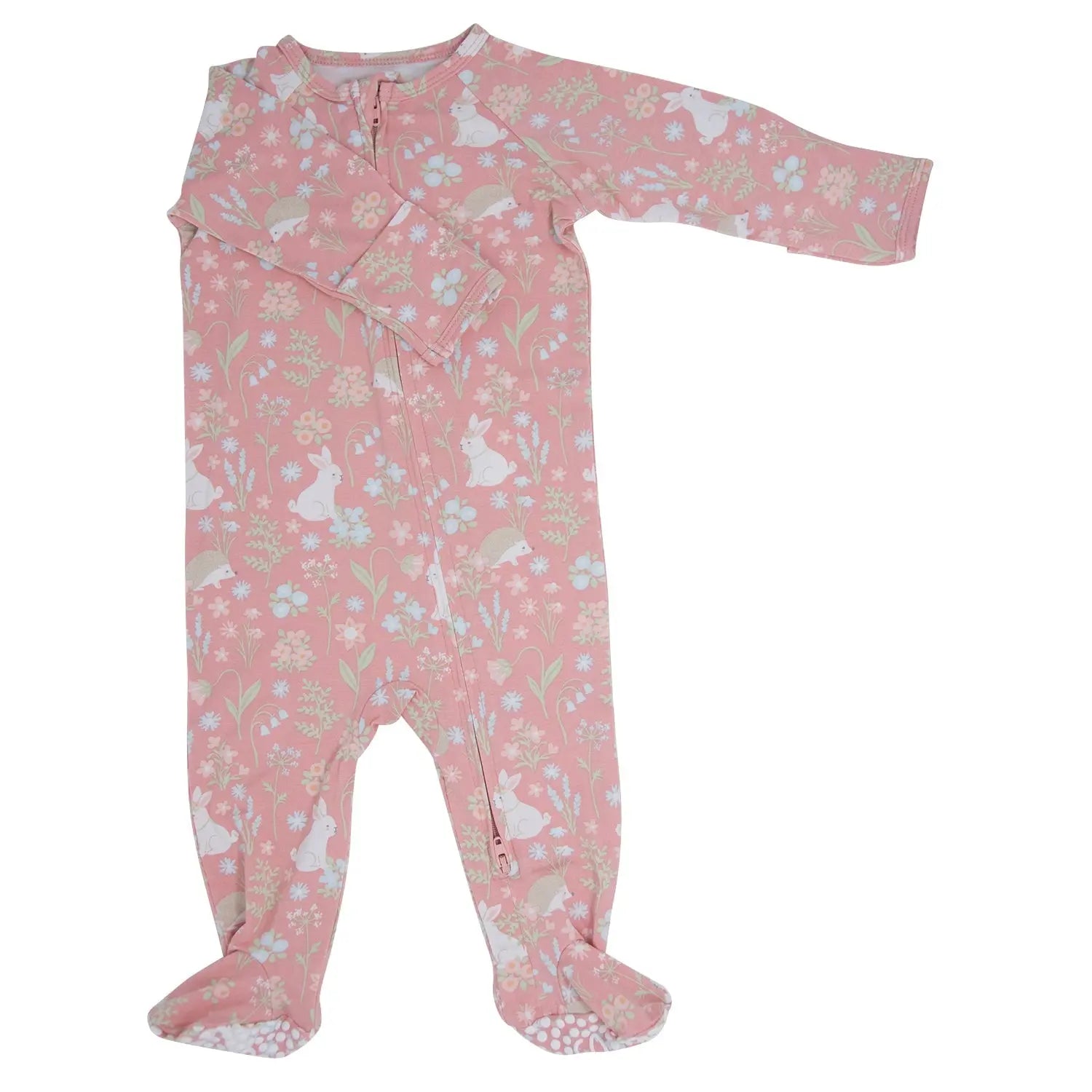 Pink Bunny Floral Zipper Footie for Babies with Two Way Zip and Fold Over Cuffs Sweet Bamboo