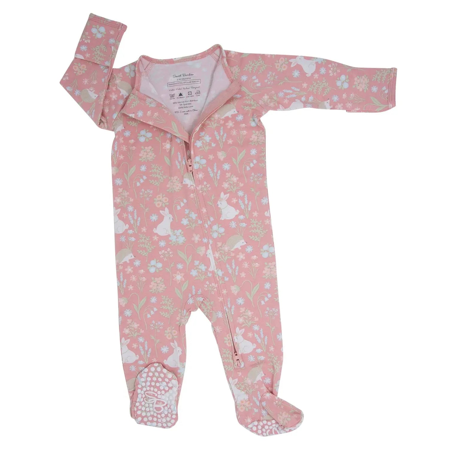 Pink Bunny Floral Zipper Footie for Babies with Two Way Zip and Fold Over Cuffs Sweet Bamboo