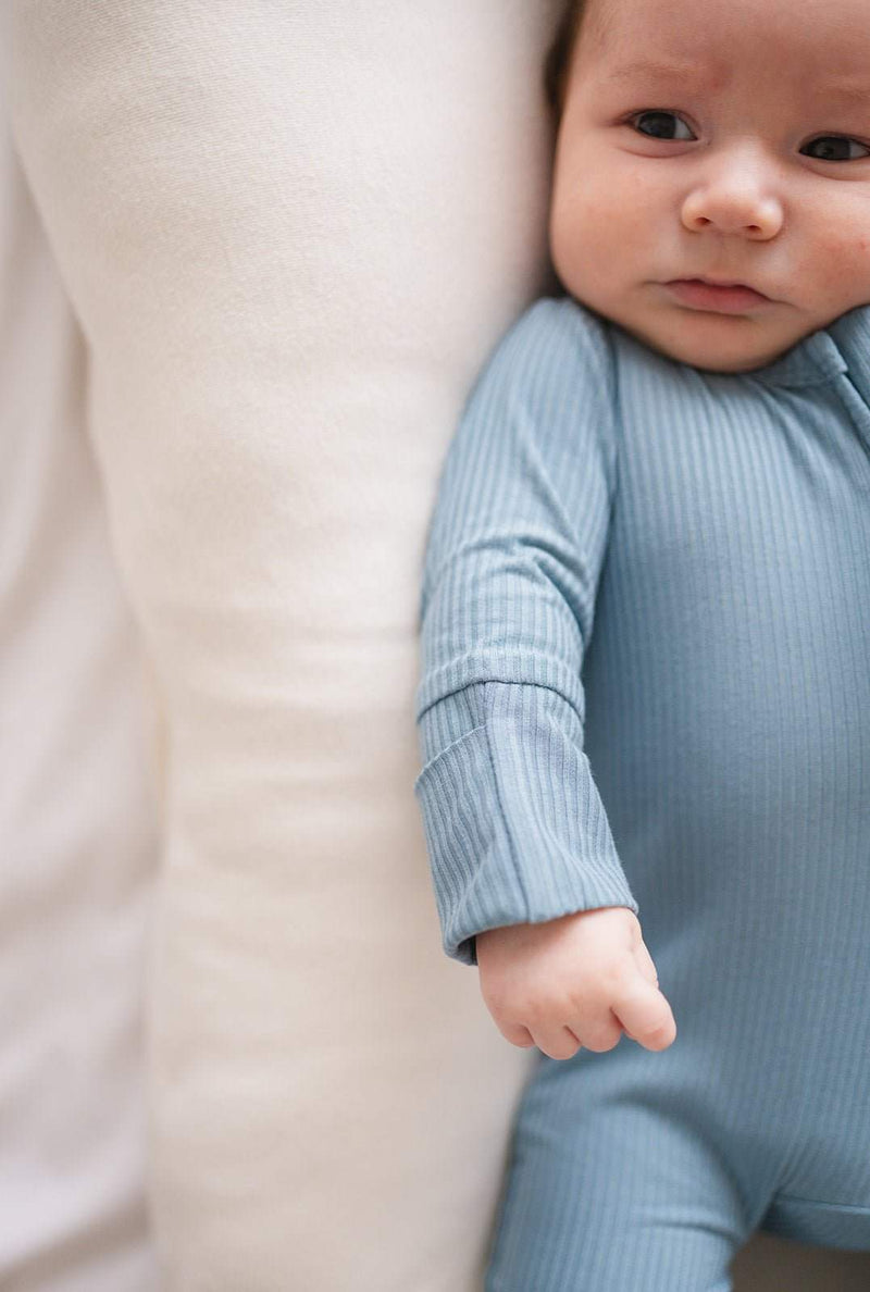 Zipper Romper - Arona Blue Ribbed, soft bamboo fabric, two-way zipper, fold-over cuffs, baby outfit.