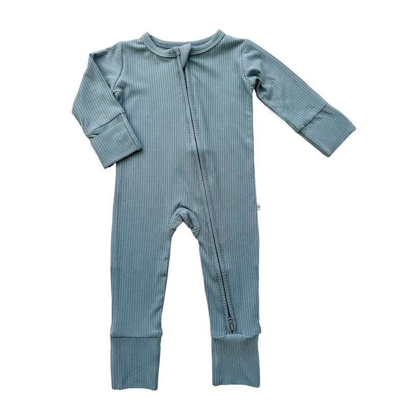 Arona blue ribbed zipper romper made from bamboo viscose with 2-way zipper and fold-over cuffs.