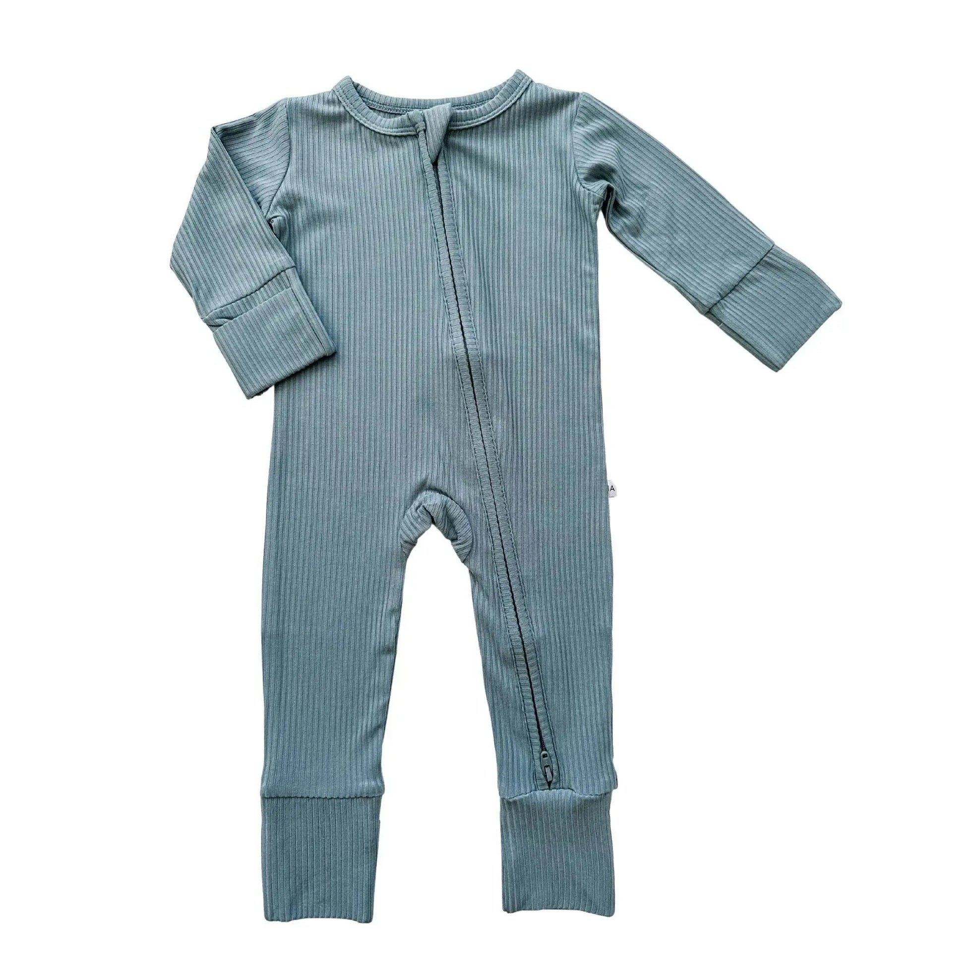 Zipper Romper Arona Blue Ribbed Soft Bamboo Viscose Baby Outfit Harp Angel Boutique