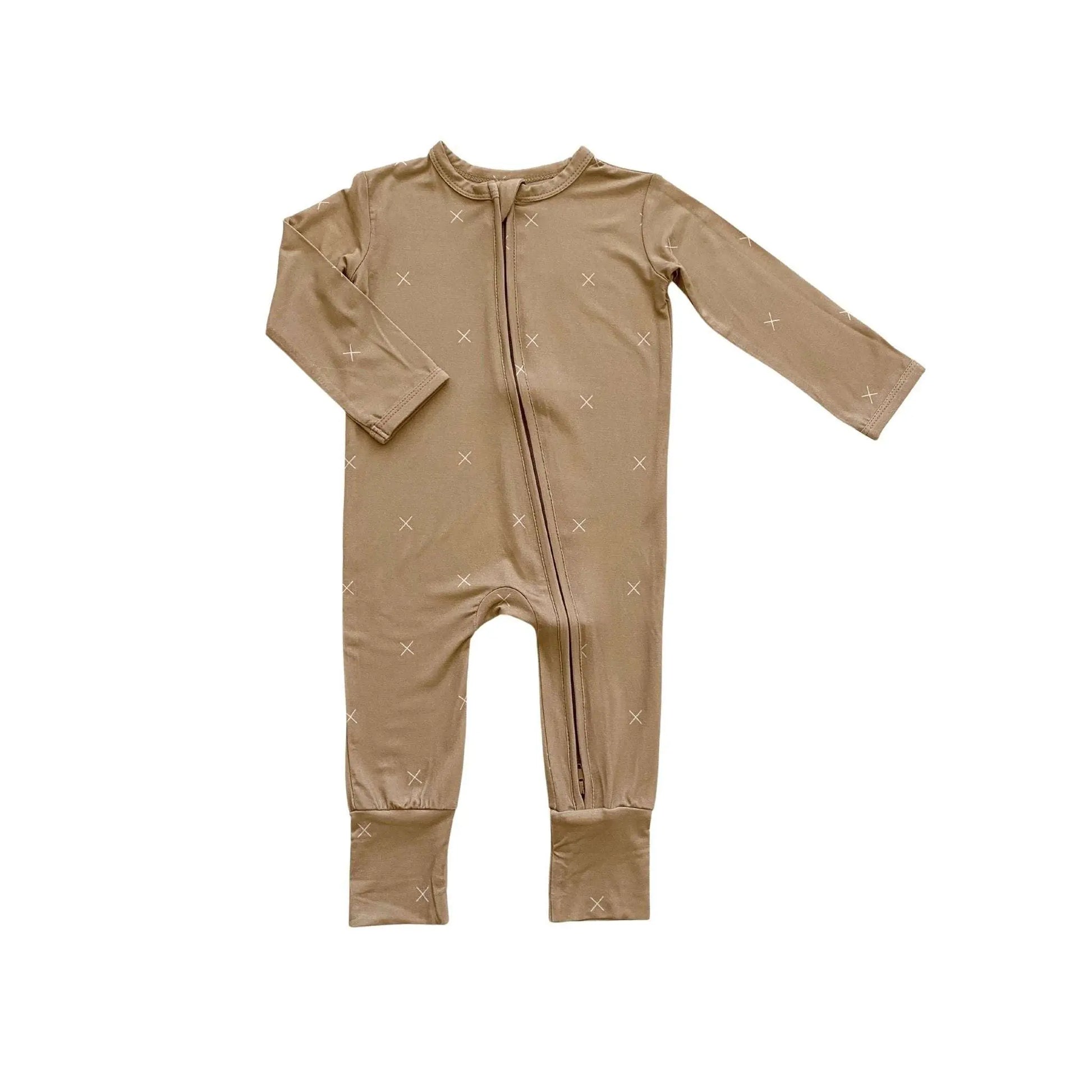 Zipper Romper Beige for Baby Made from Soft Bamboo Viscose with Two Way Zipper and Fold Over Cuffs Harp Angel Boutique