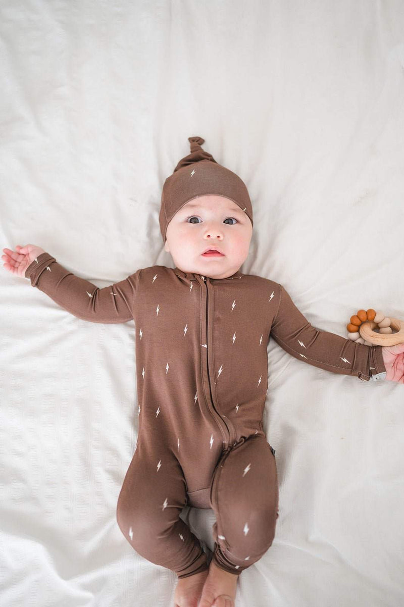 Brown lightning bamboo baby zipper romper with fold-over feet and hands.