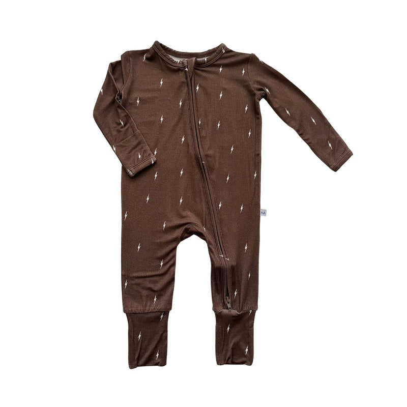 Brown lightning-themed zipper romper with fold-over feet and hands, featuring eco-friendly bamboo material.