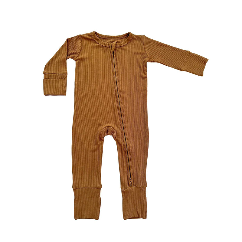 Caramel ribbed bamboo baby zipper romper with fold-over feet and hands.