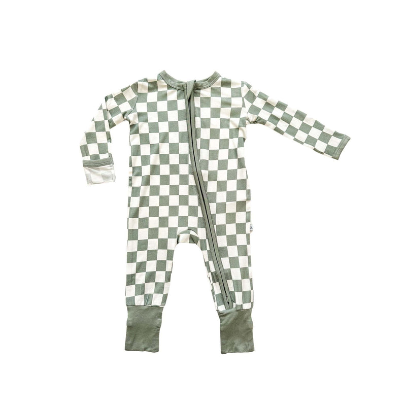 Jade checker zipper romper made from bamboo viscose with 2-way zipper and fold over cuffs.
